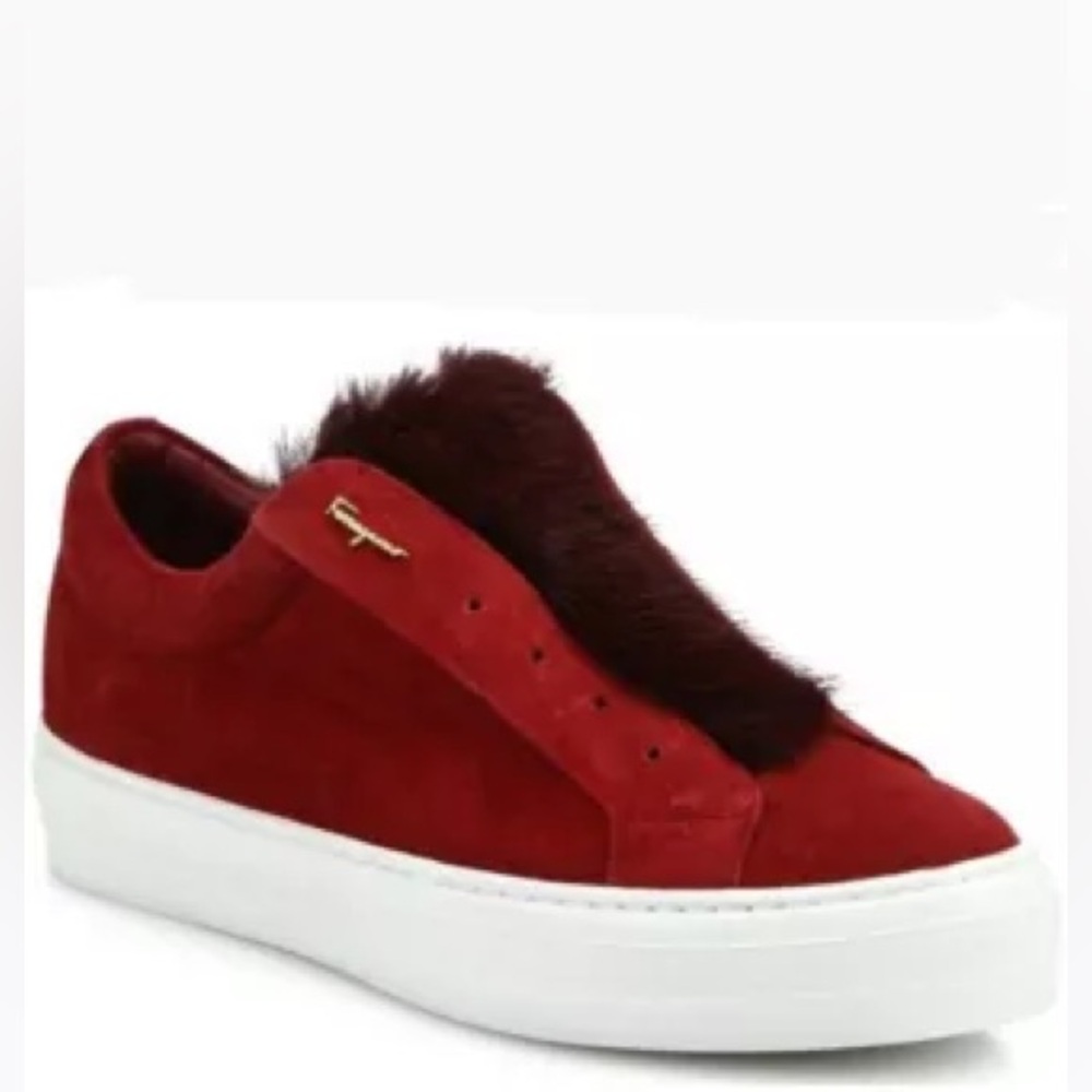 Salvatore Ferragamo Burgundy Suede Fur Slip-ons Italian 37 (US6)